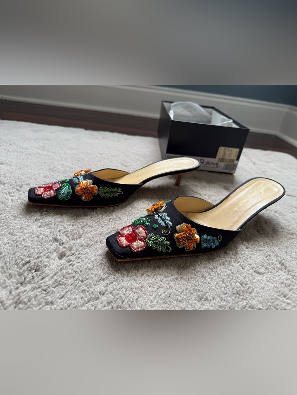 Giuseppe Zanotti black satin floral beaded kitten heel mules.  - Size 11 - Picture 2 of 4